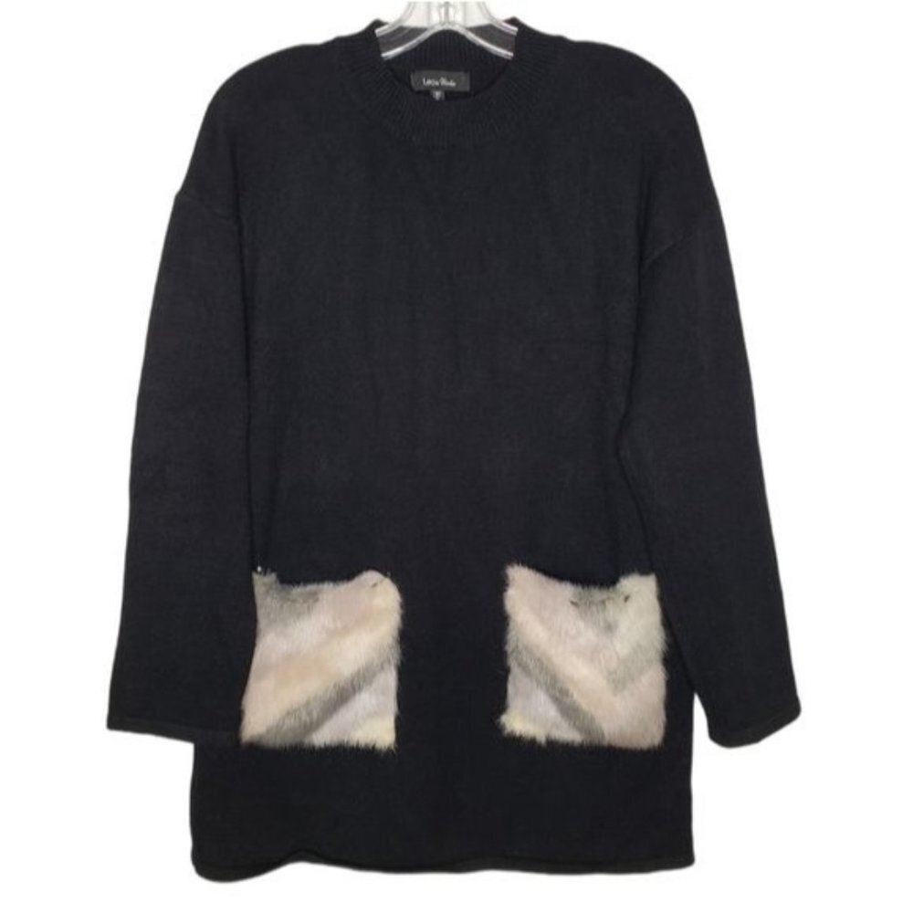 LEA & VIOLA Black Faux Fur Pocket Tunic Sweater